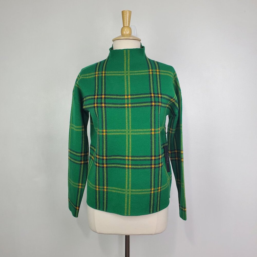 TAHARI Green Plaid Mock Neck Tight Knit Pullover Sweater NEW NWT Size M